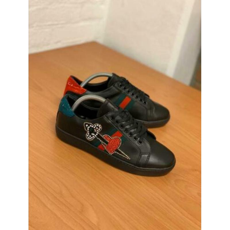 Nieuwe Gucci Ace Embroidered Dames Sneakers Zwart Maat 36